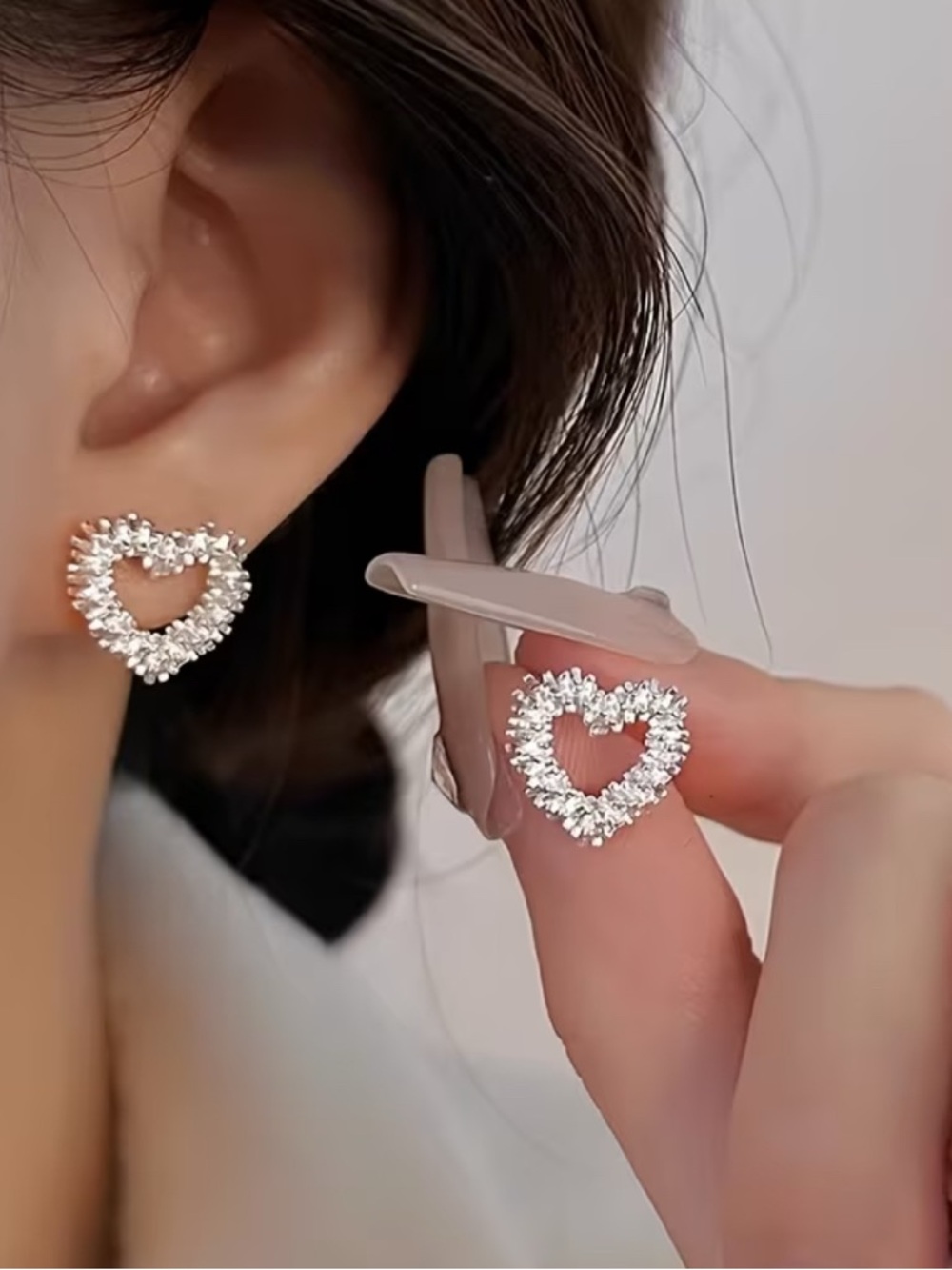 Silver Heart Halo Stud Earrings with Clear Crystals
